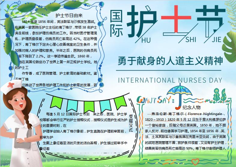 清新国际护士节手抄报word模板