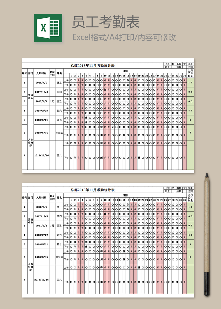 集团总部考勤统计表