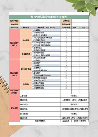 连锁店铺销售类面试评价表