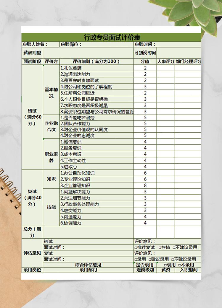 行政专员面试评价表