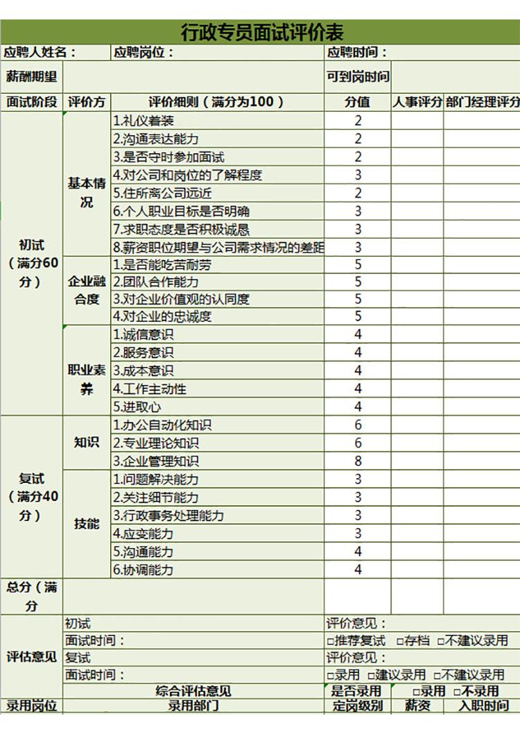 行政专员面试评价表-1