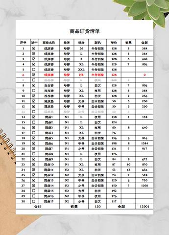 商品订货清单