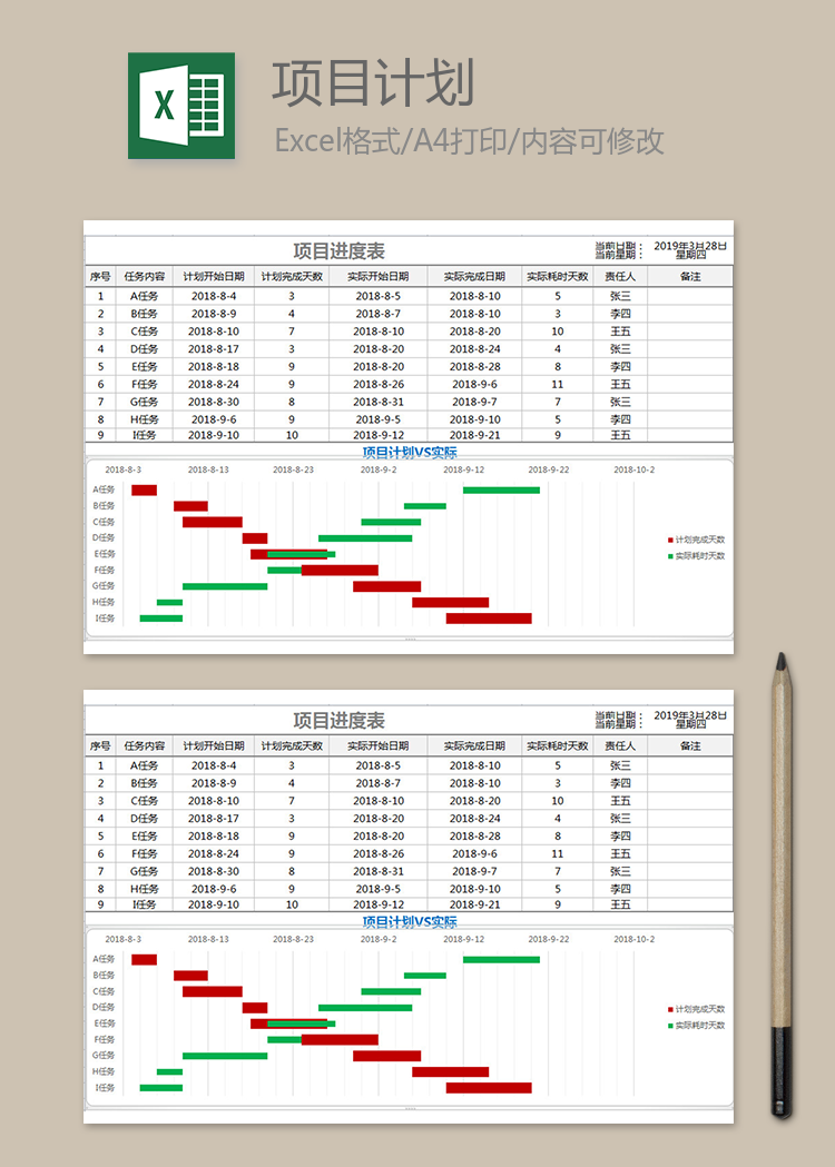 项目计划进度表甘特图VS实际表