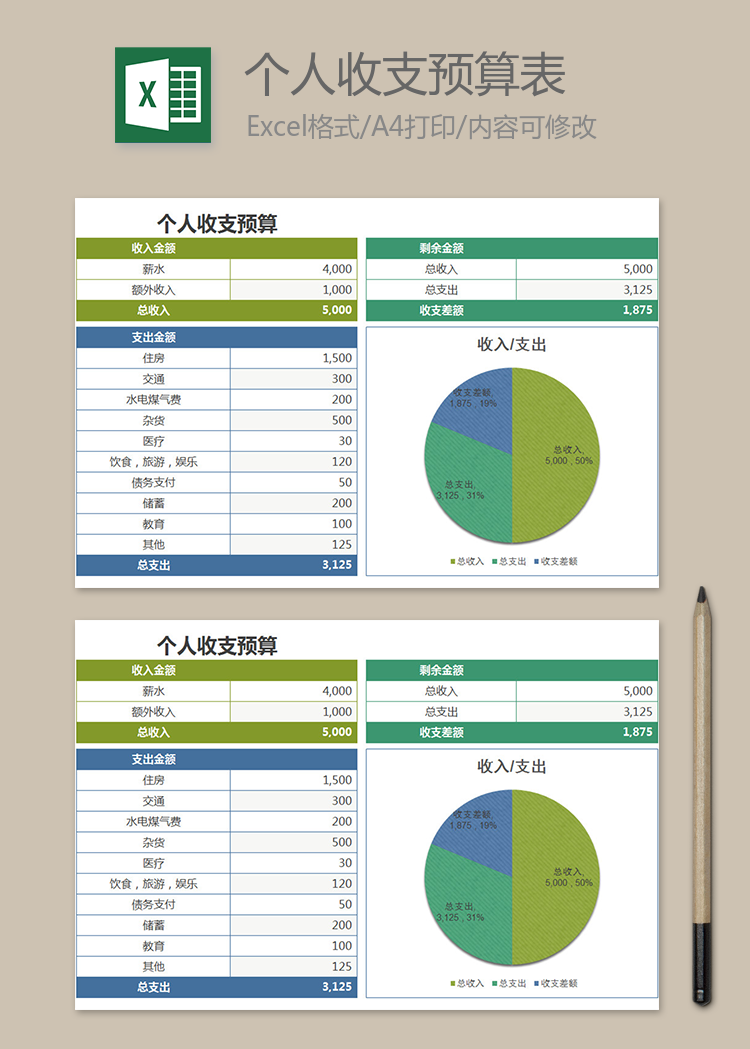 清新简约个人收支预算表