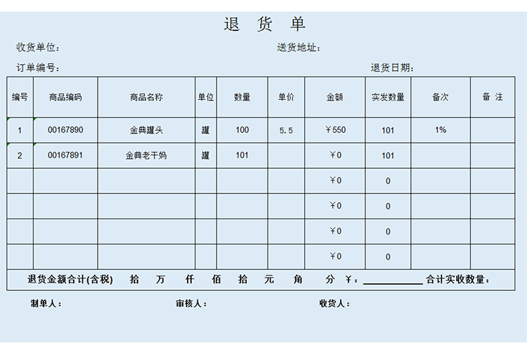 仓库退货单表格模板-1