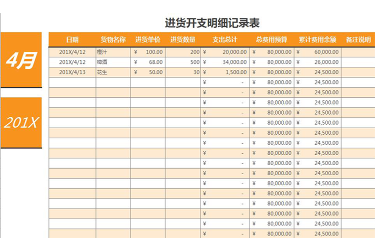 仓库进货开支明细记录表excel表格模板-1