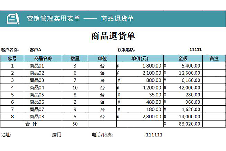 营销管理实用商品退货单-1