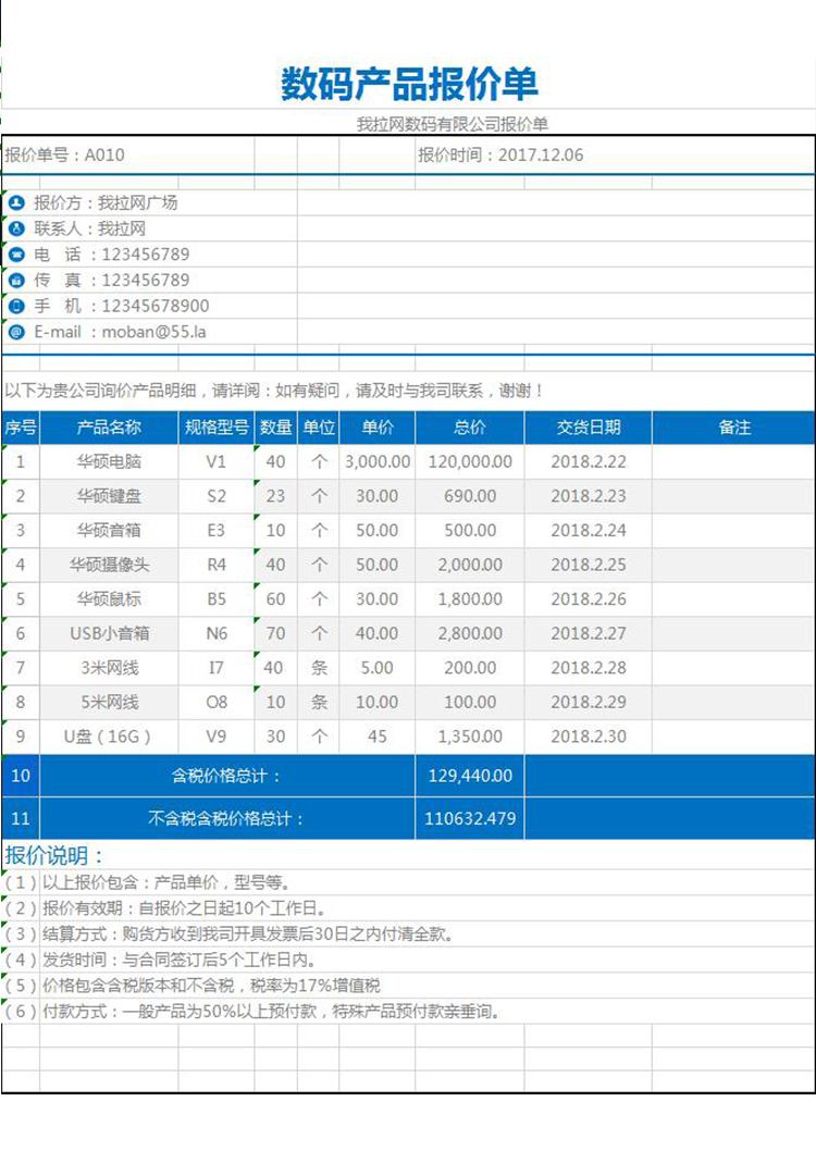 数码产品报价单明细记录excel图表-1