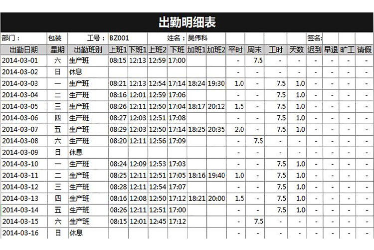 个人月度出勤明细表-1