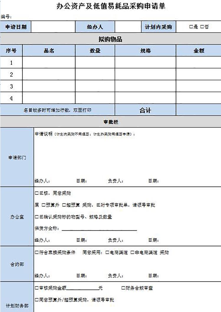 办公资产及低值易耗品采购申请单模板-1