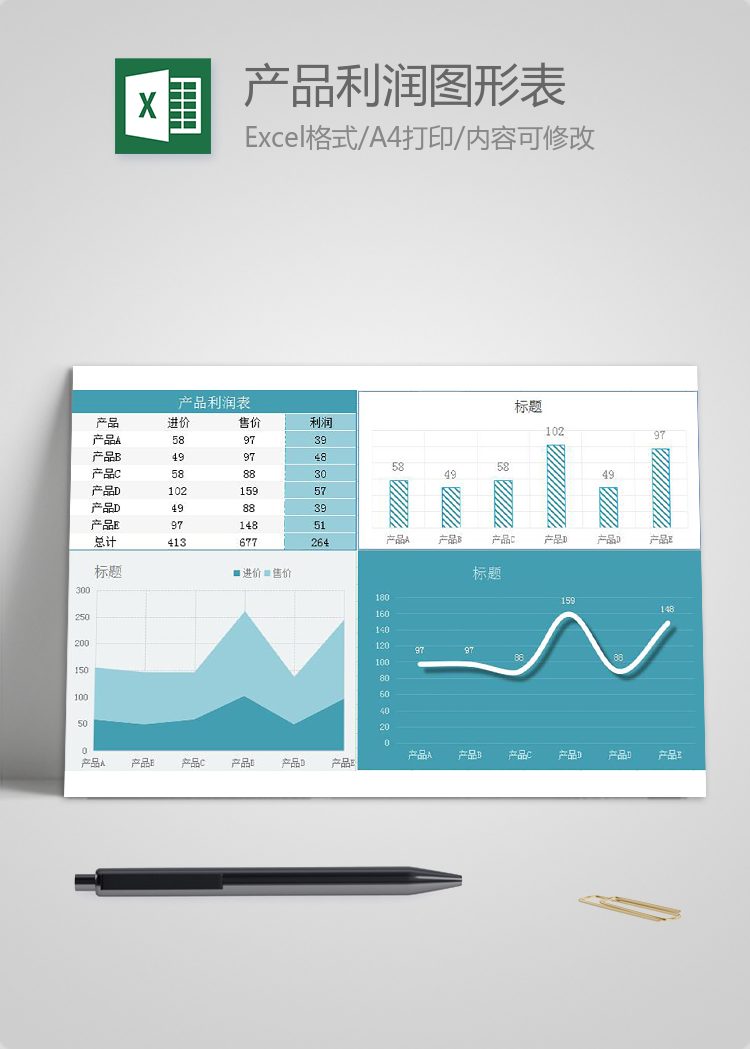 蓝色产品利润图形表Excel模板
