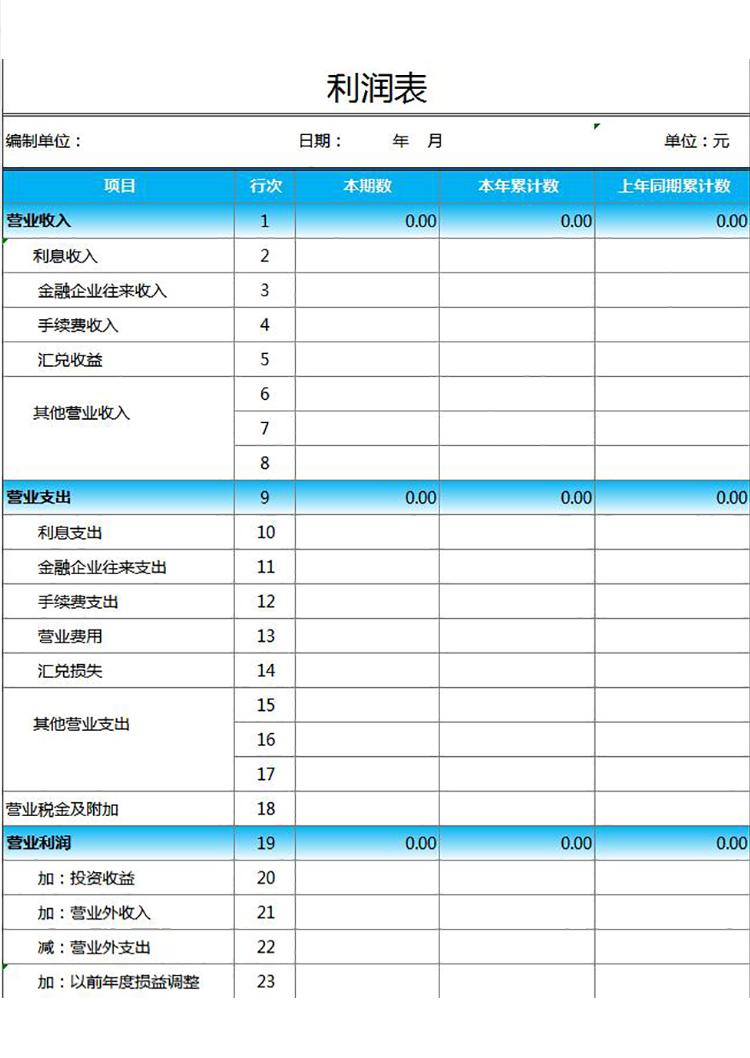 天蓝色一般收支利润表通用模板-1