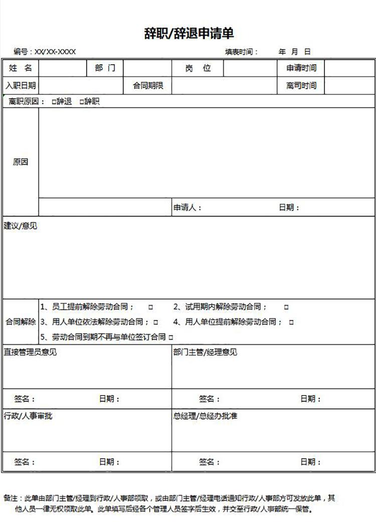 常用员工辞职/辞退申请表Excel模板-1