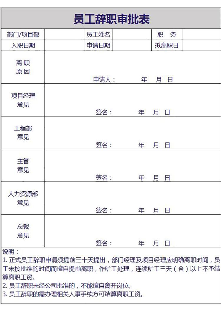 常用员工辞职审批表模板表格excel-1