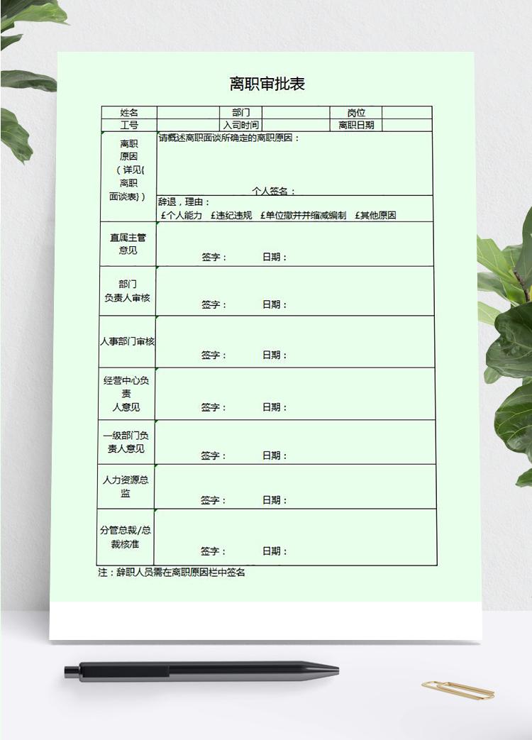 企业职员离职审批单管理模板excel