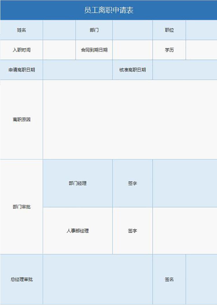 浅蓝风员工离职申请表Excel表-1
