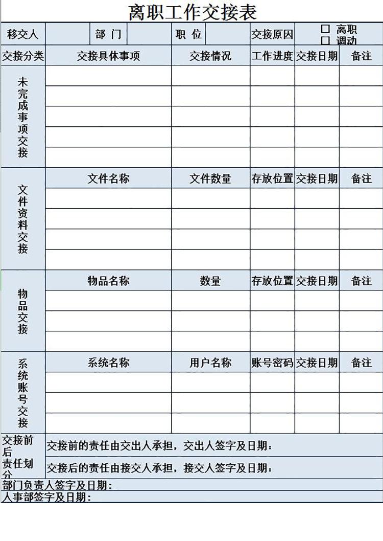 浅蓝色离职工作交接表-1