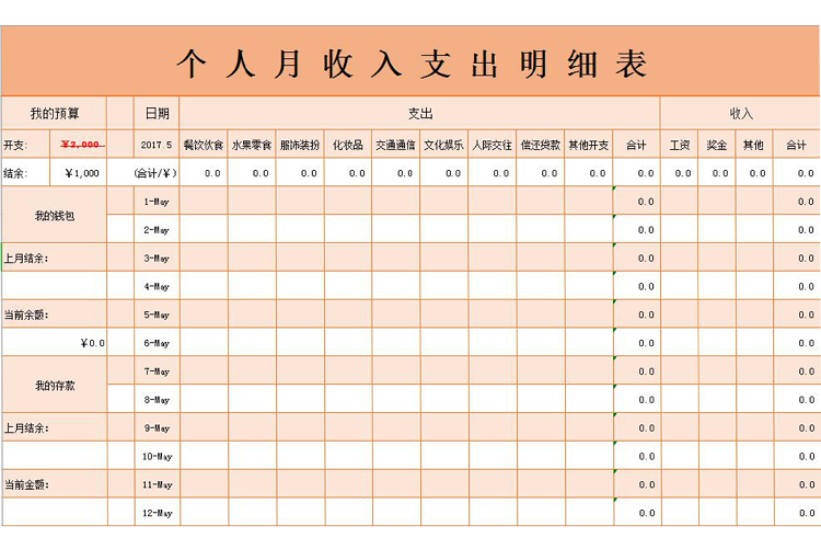 橘粉色系个人月收入支出明细表-1