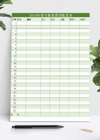 绿色风格食堂伙食费用收支表