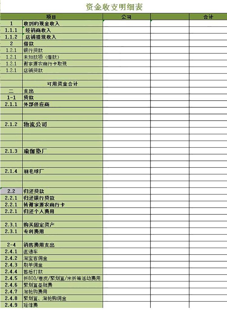绿色系店铺资金收支明细表-1