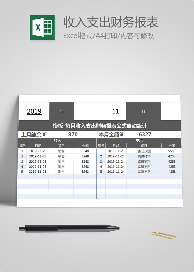 每月收入支出财务报表公式自动统计