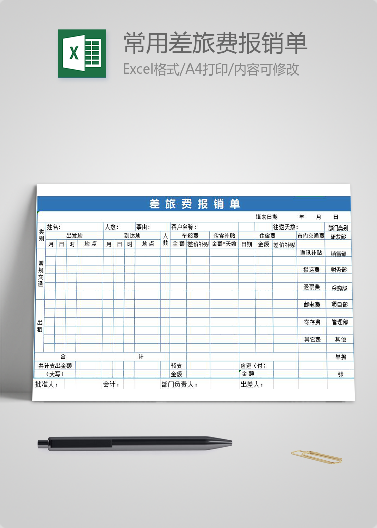 常用差旅费报销单Excel模板