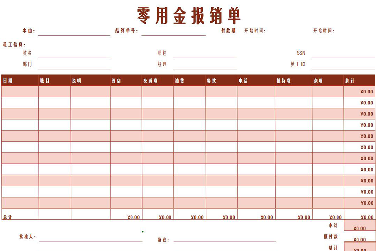 粉色风格零用金报销单Excel模板-1