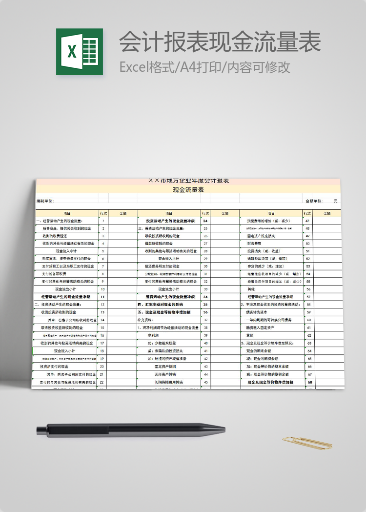 粉色企业年度会计报表现金流量表模板