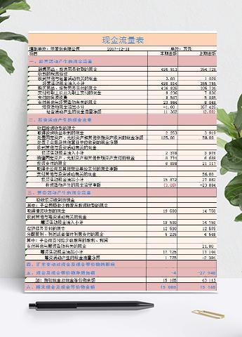 粉色企业现金流量明细表Excel模板