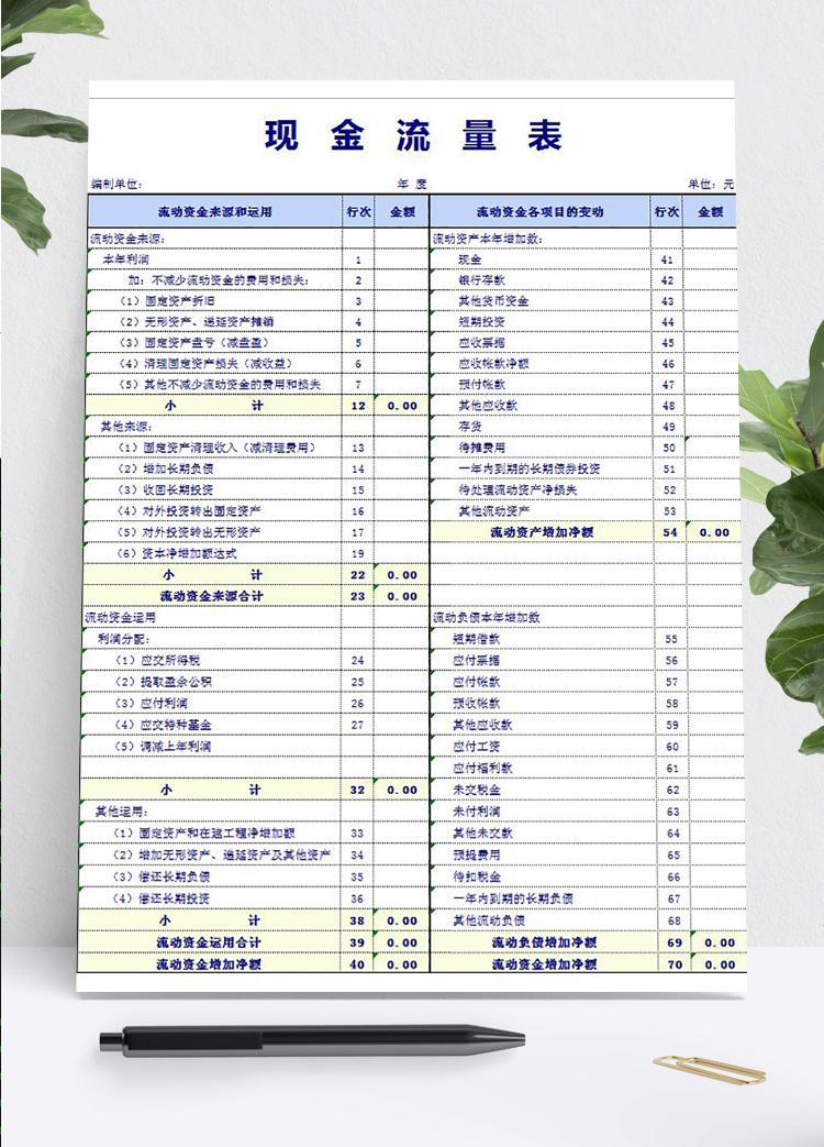 蓝色风现金流量表Excel模板