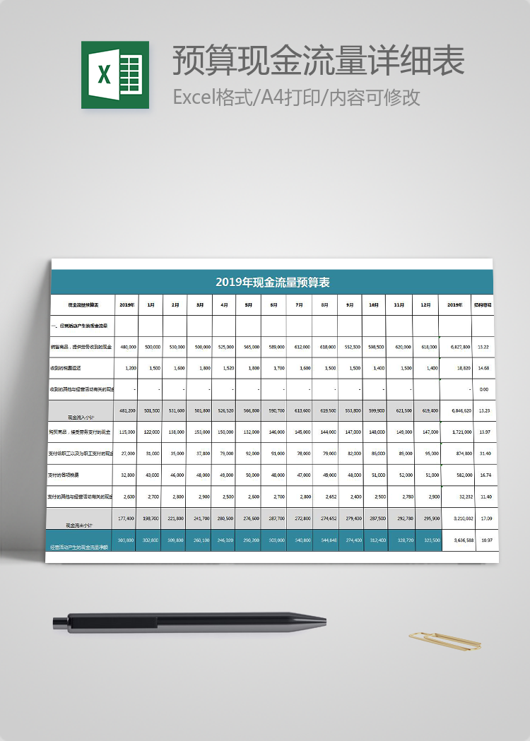 蓝色风预算现金流量详细表Excel模板