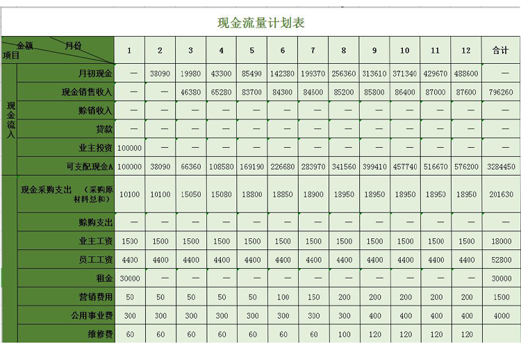 绿色年度现金流量计划表模板-1