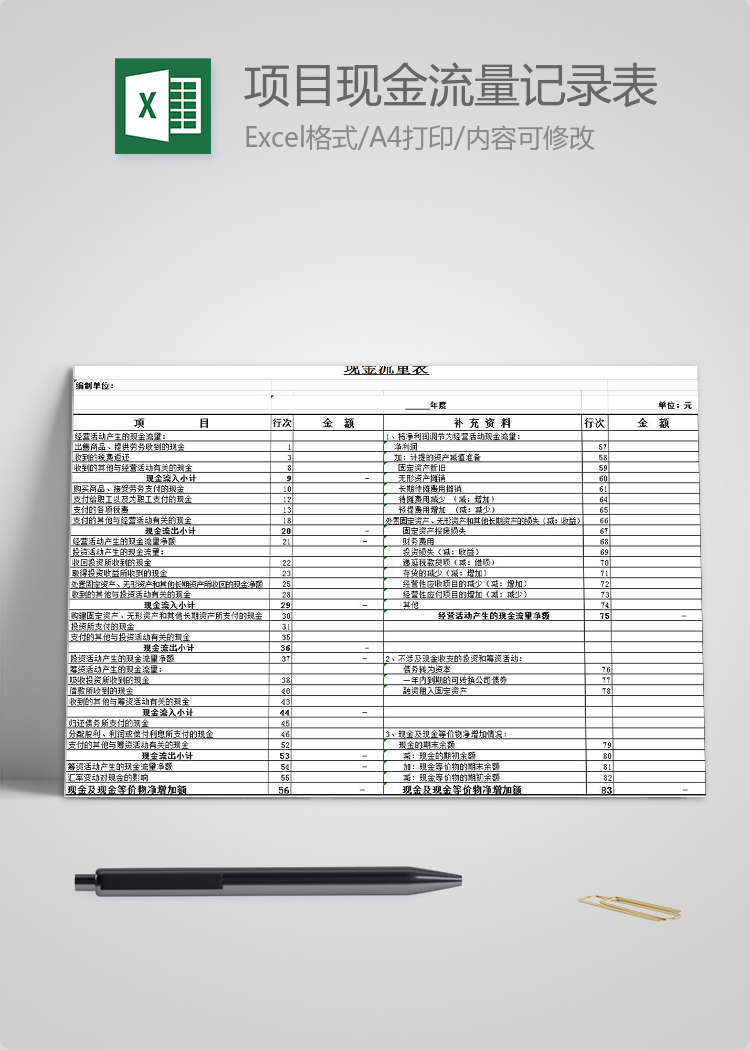 项目现金流量记录表Excel模板