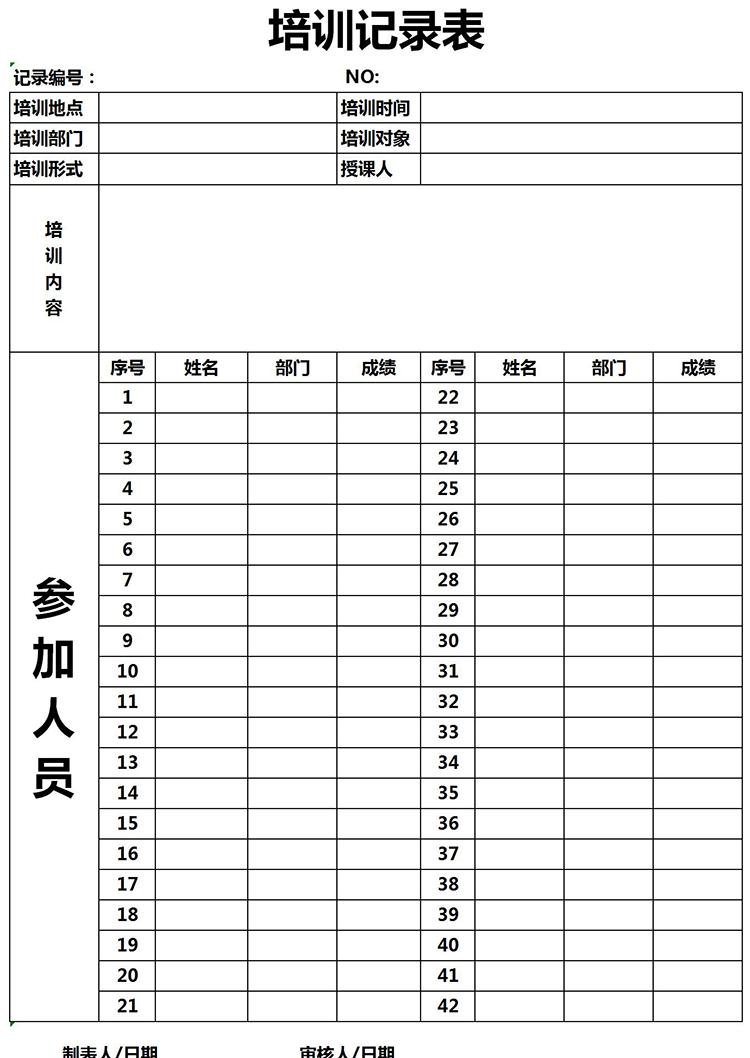 简约常用培训记录表Excel模板-1