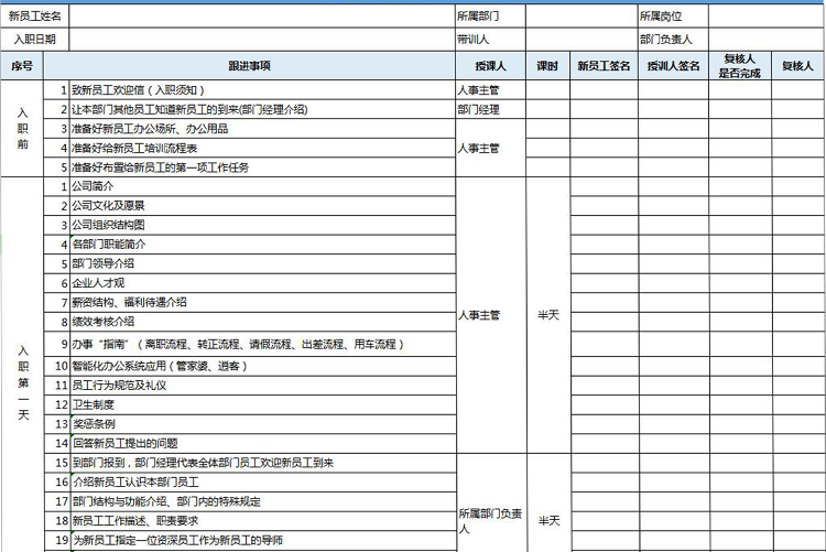 蓝色新员工入职培训跟进表Excel模板-1