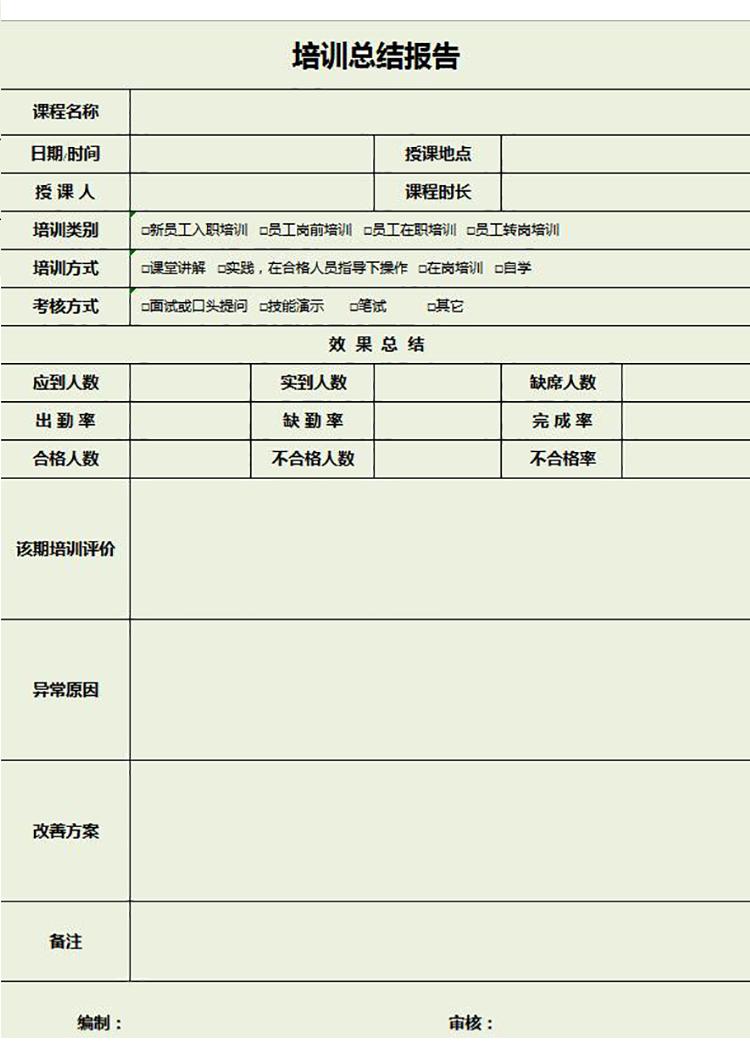 浅绿系培训总结报告表Excel模板-1