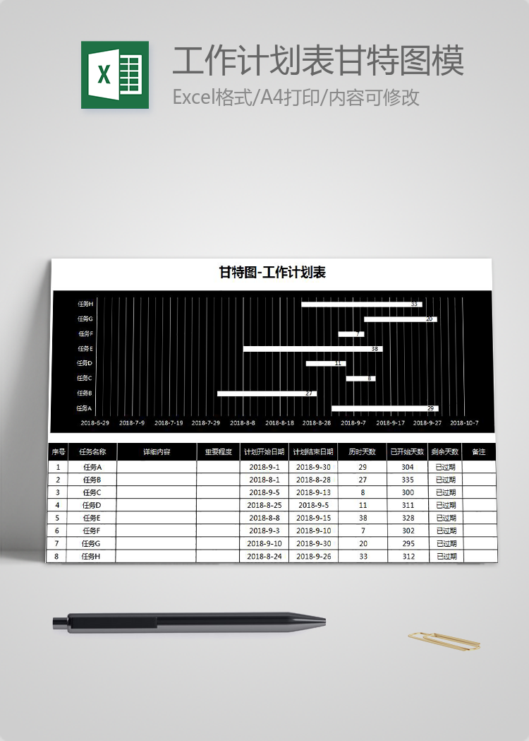 黑色简约风工作计划表甘特图Excel模板