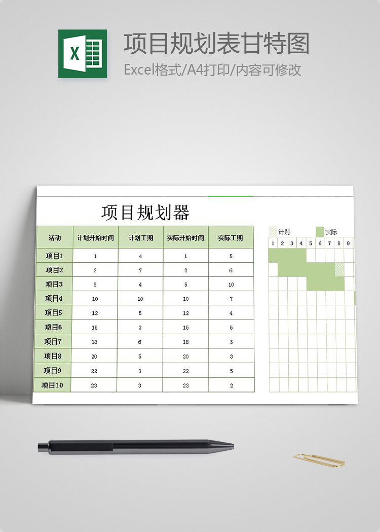 绿色风格项目规划表甘特图Excel模板