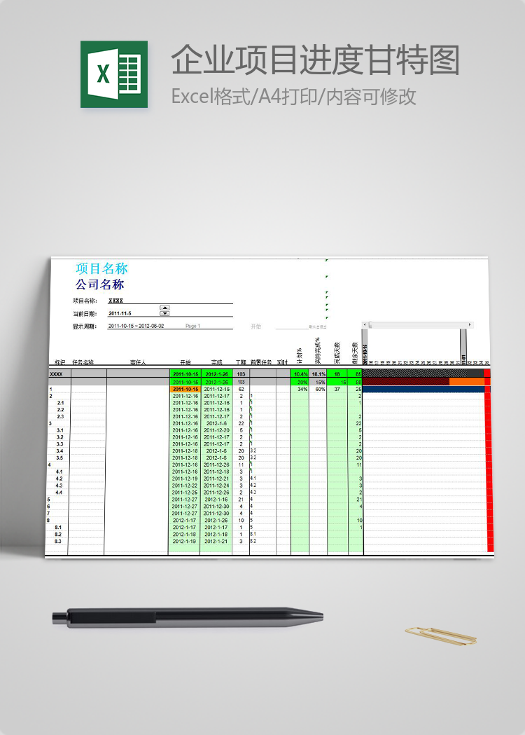 红绿风企业项目进度表甘特图模板