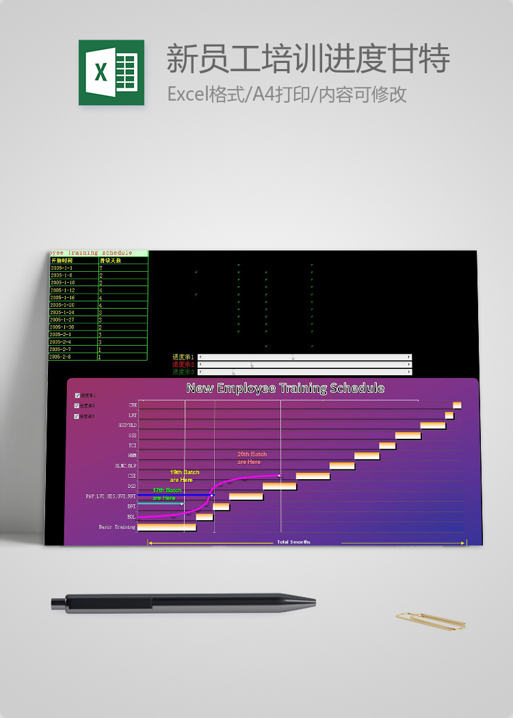 紫罗兰渐变风新员工培训进度表甘特图模板