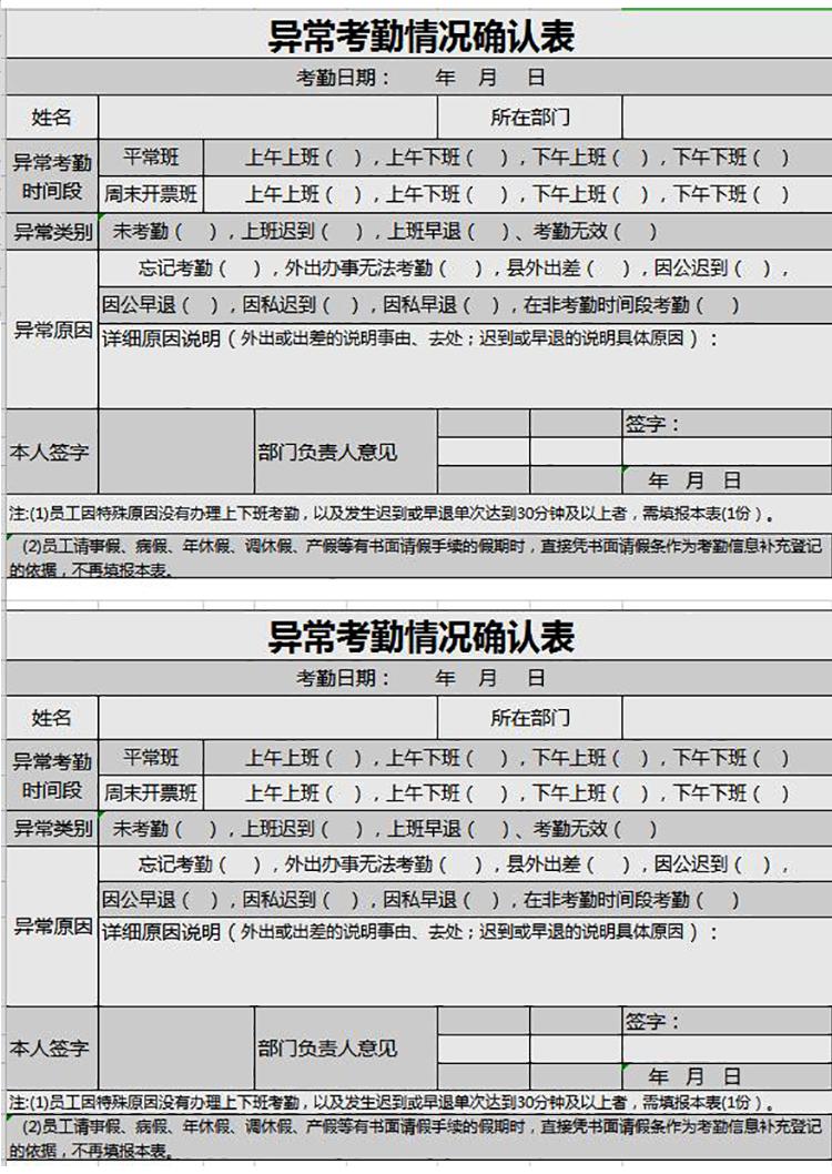 异常考勤情况确认表模板-1