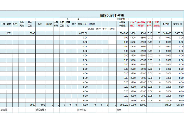 标准员工工资表excel模板-1