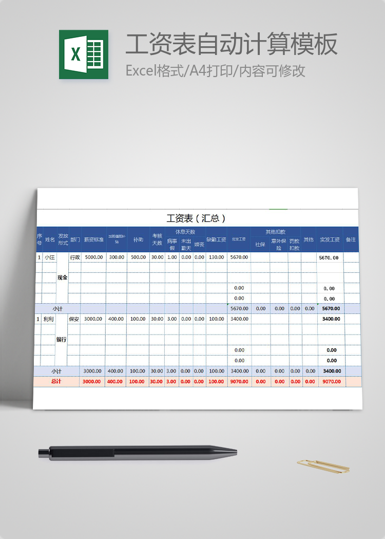 工资表自动计算Excel模板