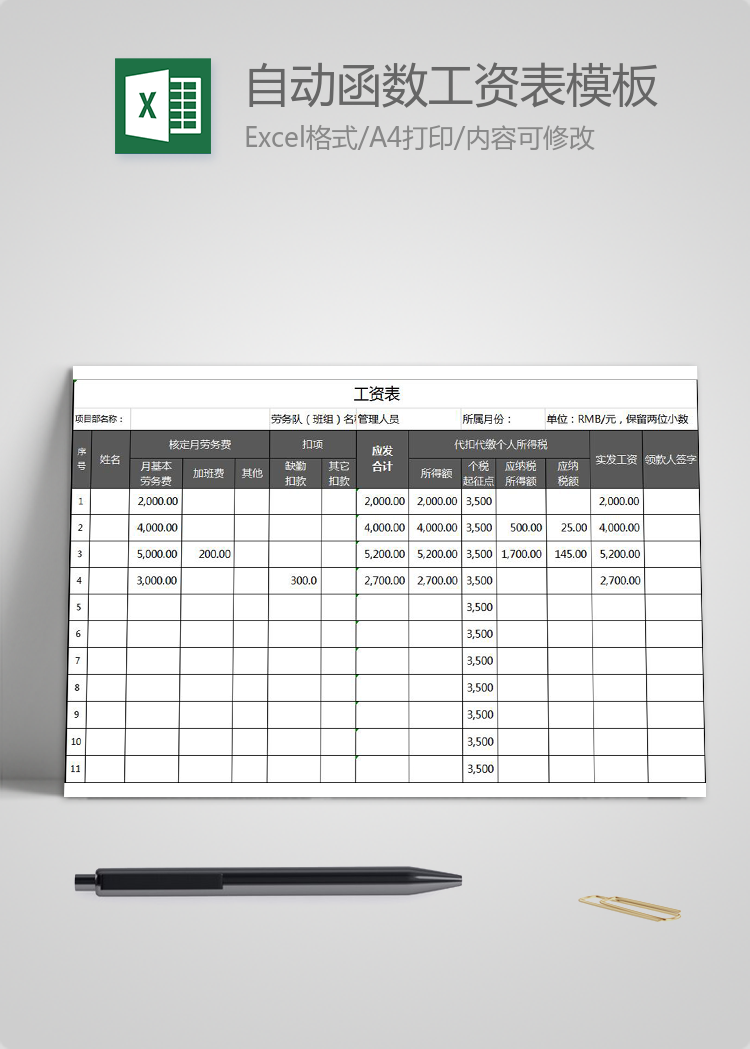 通用行业自动函数工资表模板