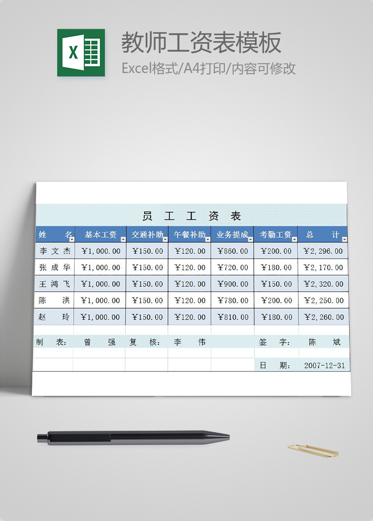 教师员工通用工资表模板