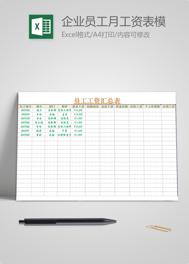 企业员工月工资表模板汇总