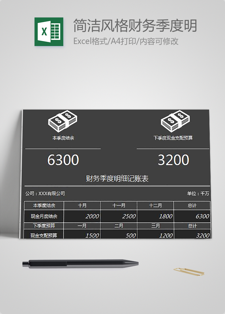 简洁风格财务季度明细记账表模板