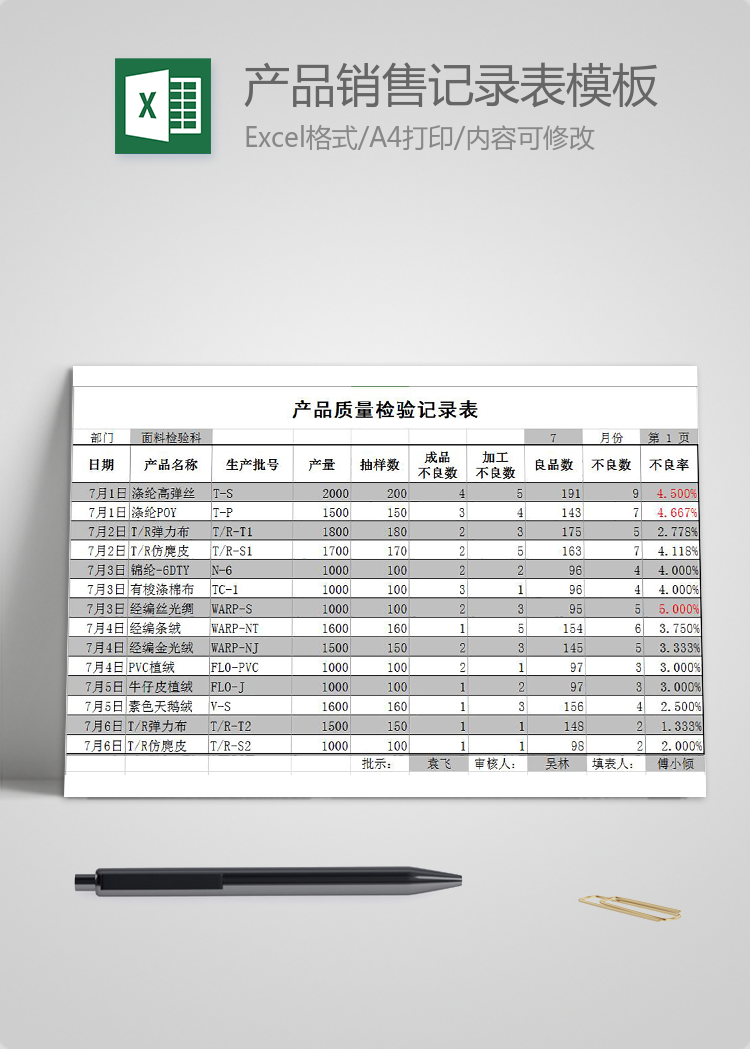 产品销售记录表Excel模板