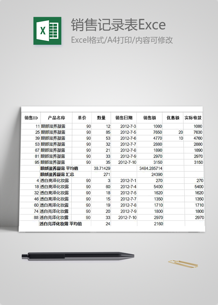 分类汇总销售记录表Excel模板