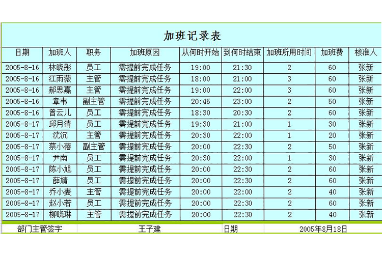 青绿系风格加班记录表模板-1